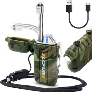 LcFun Electric Lighter USB Rechargeable Arc Lighters Windproof Plasma Lighters with LED Battery Display, Waterproof Electronic Flashlight Lighter with Lanyard for Camping, Survival Tactical Gear