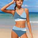 WIQI Girls Swimsuit Bikini Set 2 Piece Bathing Suits Color Block Criss Cross Swimwear Size 9-10 (Blue)