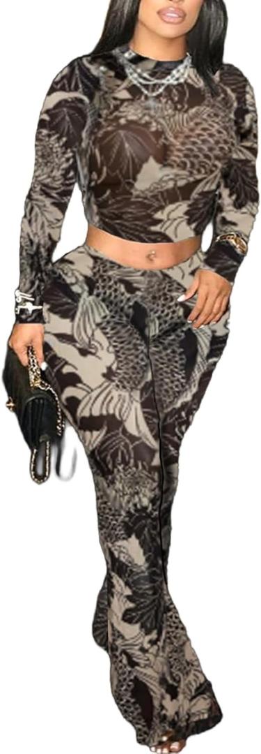 Women's Leopard Print Two Piece Set Mesh See Through Top Bodycon Pants Cheetah Print Set Y2K Club Outfits For Women (Medium)