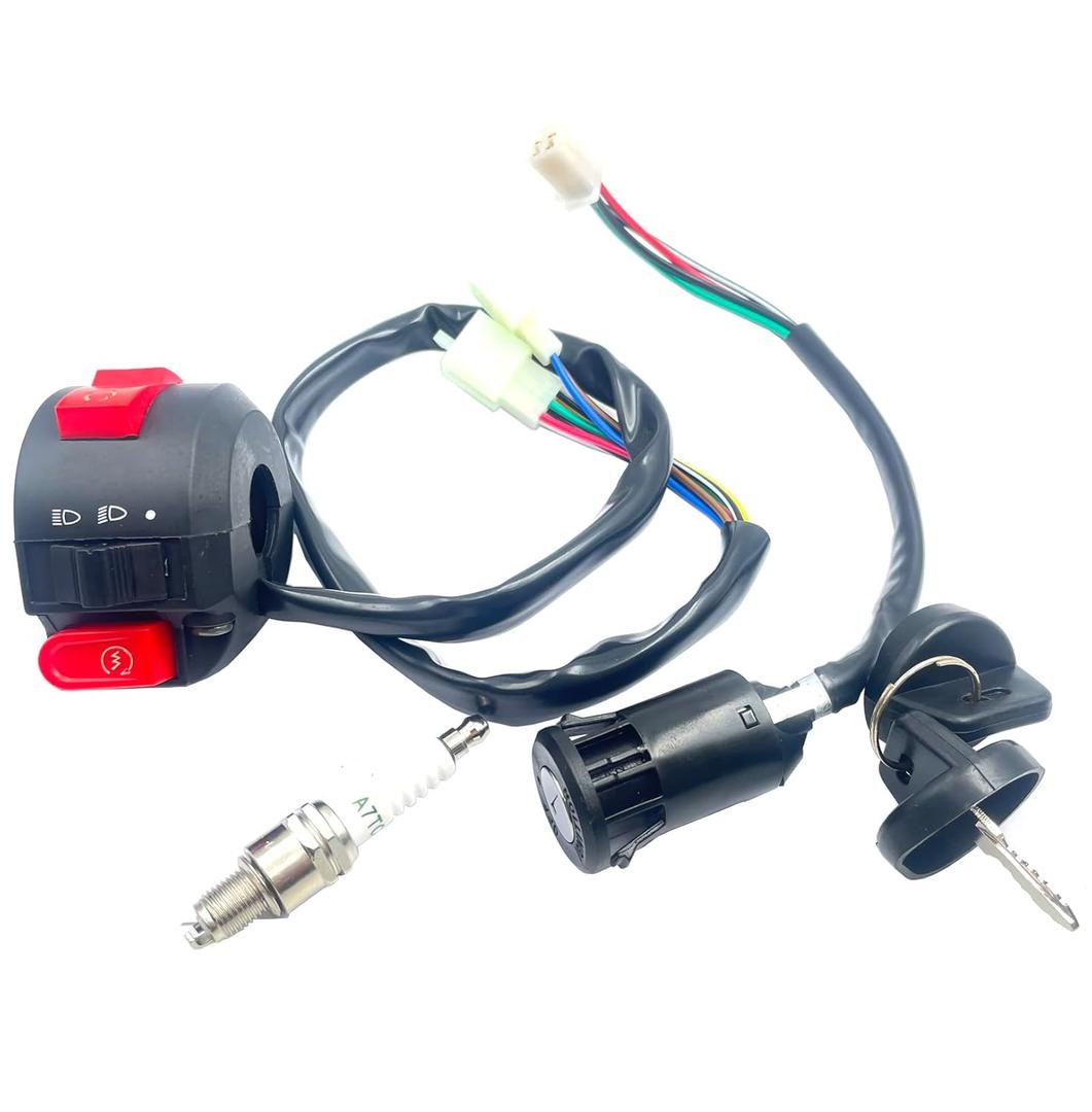 4 Wires Key Switch with Cap and 3 Functions Stater Switch+Spark Plugs - Ignition Switch & Starter Assembly Kit for 50cc 70 cc 90cc 110 cc 125cc 150cc ATVs Dirt Bikes