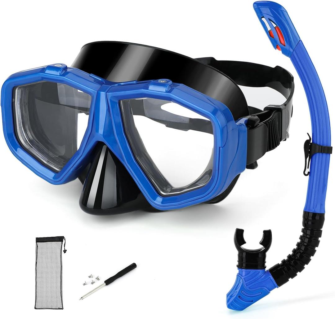 Replaceable Lenses Nearsighted Snorkel Set - Customizable Shortsighted Anti-Fog Mask & Full Dry Top Silicone Snorkel for Adults Youth