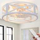 Passky 20" Farmhouse Flush Mount Ceiling Fans with Lights and Remote, Industrial White Caged Low Profile Fandelier, 6 Speeds Bladeless Ceiling Fan for Bedroom, Kitchen, Living Room