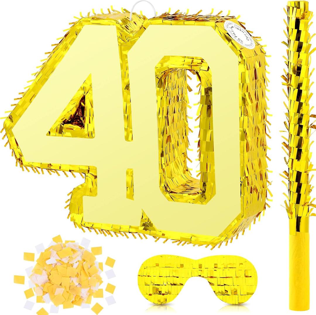 Gold Foil Number Pinata for Birthday Party Decorations Anniversary Celebrations Supplies Favors with Wooden Stick Paper Blindfold Confetti Set for Adult(Number 40)