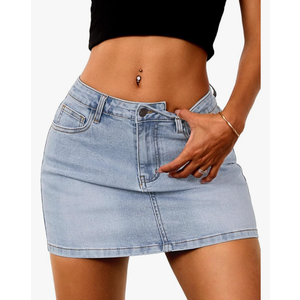 ELLEVEN Stretchy Mini Jean Skirt for Women,Low Waist Denim Skirts with Pockets L
