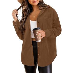 SEMARO Womens Casual Long Sleeve Button Down Shirts Corduroy Oversized Boyfriend Blouse V Neck Loose Jacket Tops Brown, L