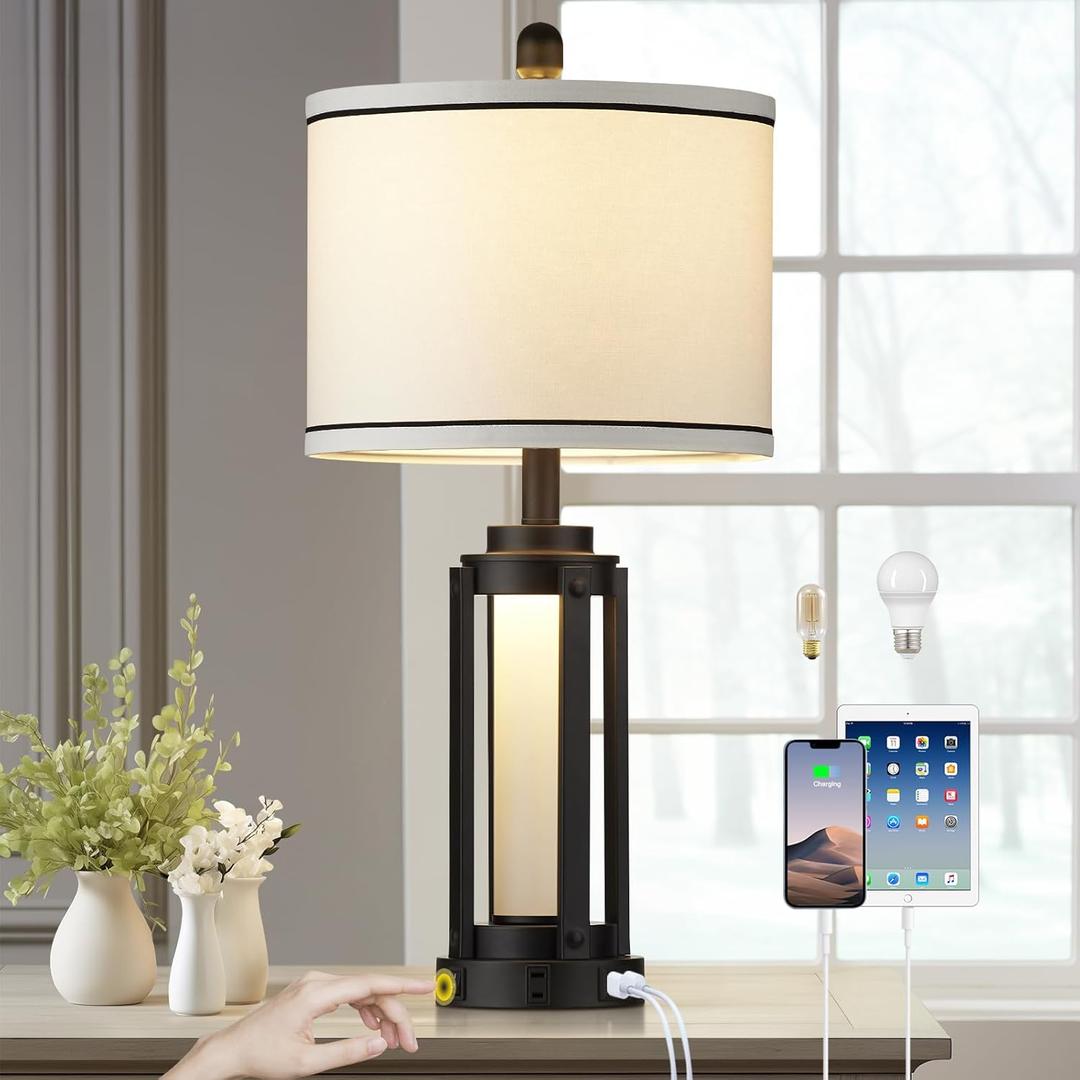 26" Modern Table Lamp with USB A+C Charging Ports & AC Outlet, Industrial Beside Contemporary Lamp Glass LED Night Light for Living Room Bedroom Nightstand End Table Single Black (2 Bulbs Included)