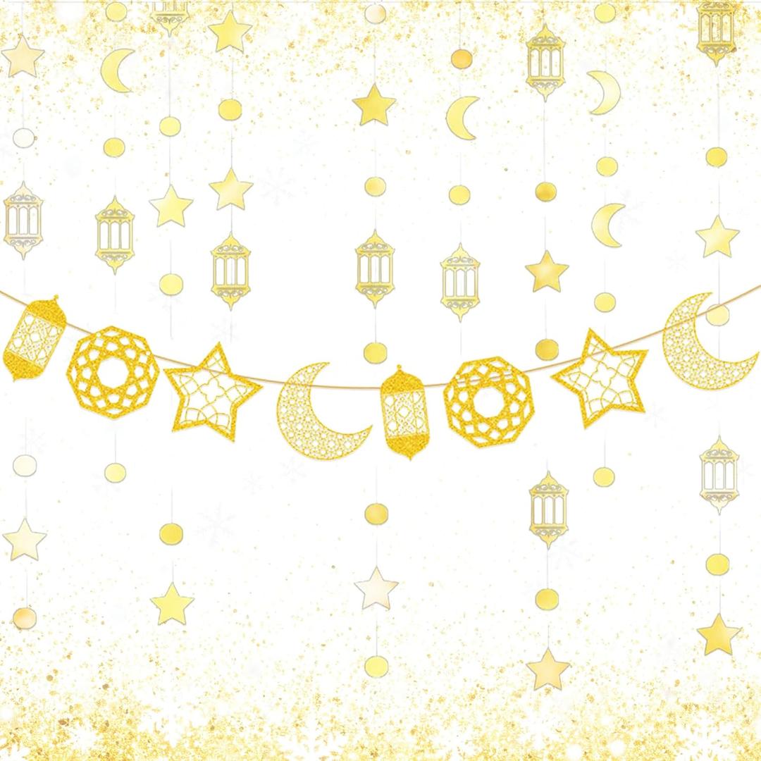 LaVenty Gold Eid Decorations Party Supplies Moon Stars Banner Garland Sign for Home Mubarak Decorations Ramadan Decorations Umrah Decorations