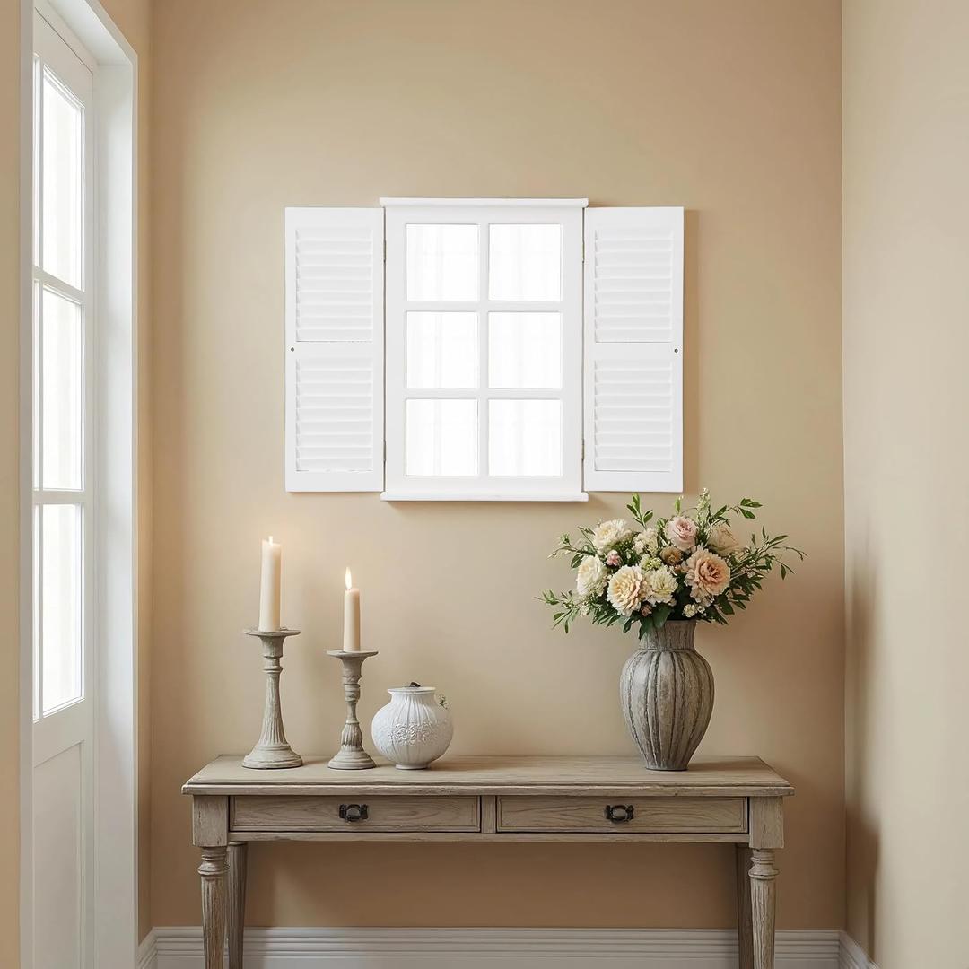 Rustic White Window Mirror with Shutters 16 X 24 Inch, Hanging Farmhouse Wood Frame Rectangle Window Pane Mirror for Wall Decor Living Room Entryway, Door Handles with a Distressed Finish
