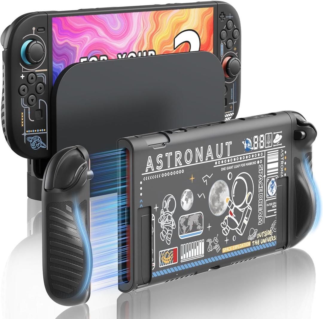 JEMDO Raised Anti-Slip Handle Protective Case Compatible with Nintendo Switch 2 (2025) – Slim Shockproof TPU Cover with Textured Grip, Ergonomic Design, Black Shell with Astronaut Art