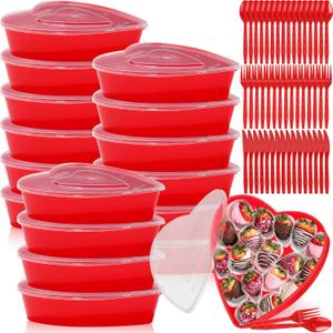 16 Sets Valentine's Day Heart Shaped Storage Containers 17 oz Plastic Heart Box with Lids Food Containers Dessert Cups Disposable Spoons Forks Knives for Party Wedding Supplies