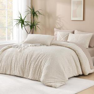 Andency King Size Comforter Set Beige, 3 Pieces Boho King Bedding Comforter Set Cream, All Season Soft Lightweight Tufted Textured Down Alternative Comforter Fluffy Bed Set (King (104"x90"))