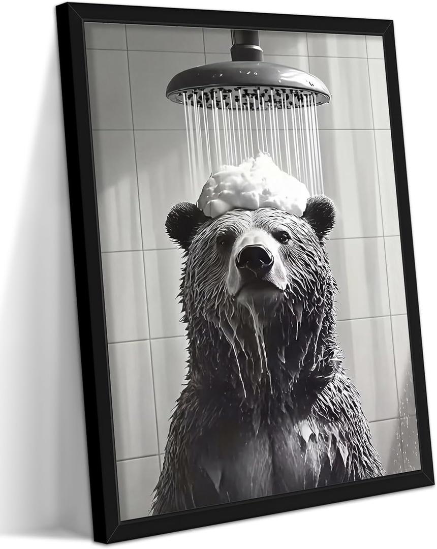 Funny Bear Bathroom Wall Art, Bear Taking Bath Canvas Print, Framed Black and White Animal Decor for Bathroom Restroom Farmhouse Home 16x24 Wood Framed