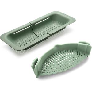 Adjustable Over the Sink Colander Strainer, Silicone Clip On Strainer for Pots Strainers and Plastic Colanders Drainer Basket for Food Pasta Vegetables Kitchen, Extendable 14.5"-19.5", Green