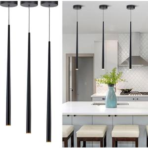 3 Pack Modern Black Pendant Lights, 27.5" Industrial Tube Hanging Light Fixture with Dimmable 4000K LED for Kitchen Island, Dining Room, Bar, Bathroom