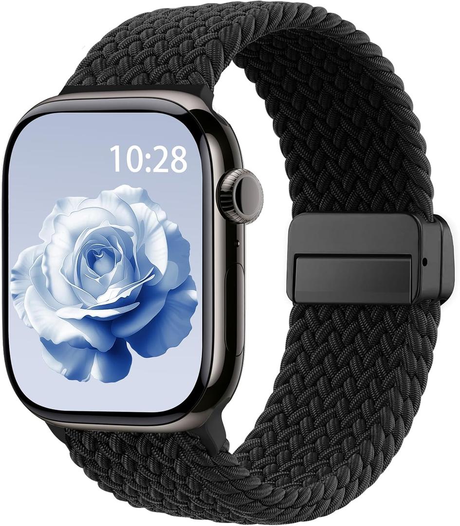 Braided Stretchy Band Compatible with Apple Watch Bands 38mm 40mm 41mm 42mm 44mm 45mm 46mm 49mm Women Men, Soft Nylon Solo Loop Magnetic Sport Strap for iWatch Series 11 10 9 8 7 6 5 4 3 2 1 SE Ultra, Black