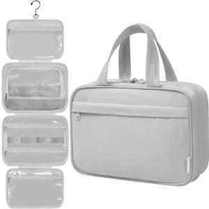 Toiletry Bag For women, Portable Hanging Organizer,4 Leakproof Compartment for full-sized Conditioner, Brushes Set, Makeup Accessories, Visible and easy to access. M-grey