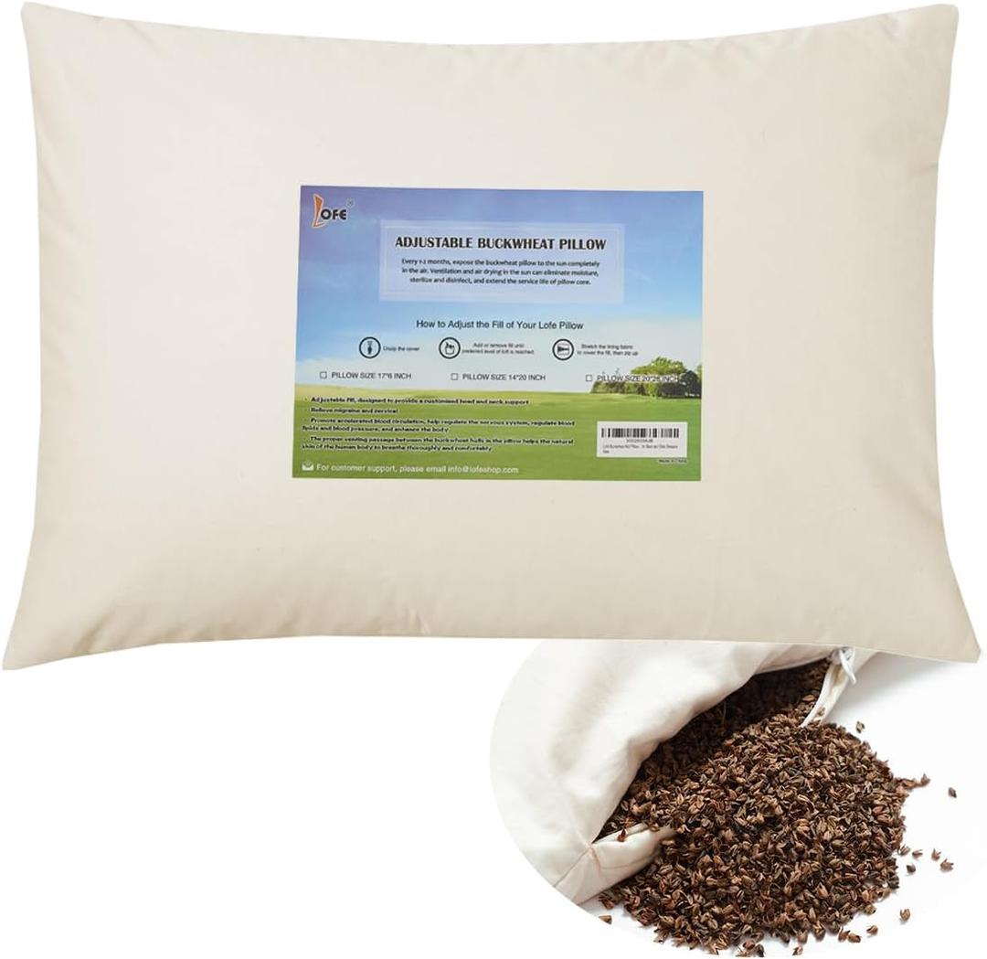 LOFE Organic Buckwheat Pillow for Sleeping - 14''x20'', Adjustable Loft, Breathable for Cool Sleep, Cervical Support for Back and Side Sleepers(Tartary Buckwheat Hulls) (14x20, Off White(pure))