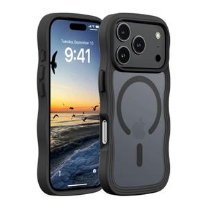 Hualele for iPhone 17 Pro Case Cute for Women, Compatible with MagSafe, Military Grade Dropproof Translucent Matte Back Curly Wave Edge Slim Girly Phone Case 17 Pro Case iPhone, Black