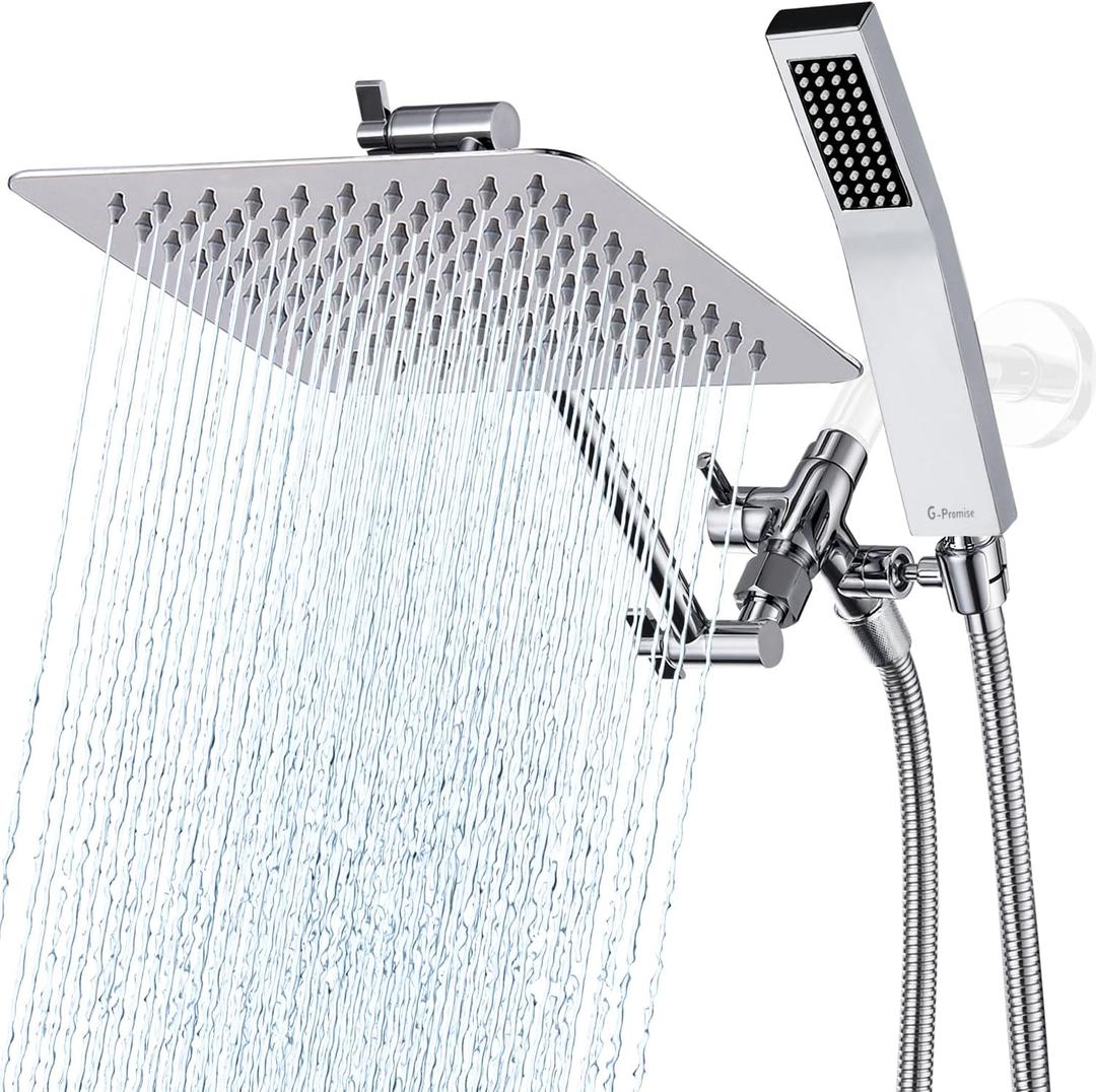 G-Promise All Metal 8 Inch Dual Square Shower Head with Handheld Spray Combo, Rain Shower Head, Adjustable Extension Arm, Smooth 3-Way Diverter, 71 Inch Extra Long Hose - A Bathroom Upgrade (Chrome) (8 Inches, Polished Chrome)