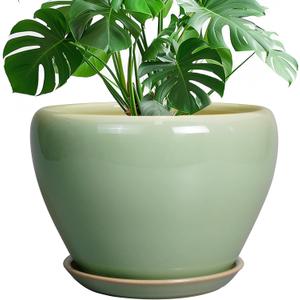Ceramic Planter Pot - 10 Inch Plant Pot for Indoor Plants Decorative Planter with Drainage Hole and Saucer Large Pot for Plants Outdoor Round Flower Pot for Garden Green