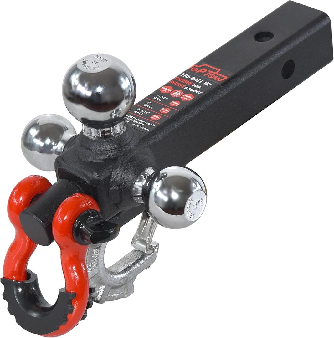 TOPTOW Trailer Hitch Tri-Ball Hitch Mount with Chrome 1-7/8-in, 2-in, 2-5/16-in Tow Balls, 3/4-in Tow Shackle and Tow Hook, Fit for 2 inch Trailer Hitch Receiver