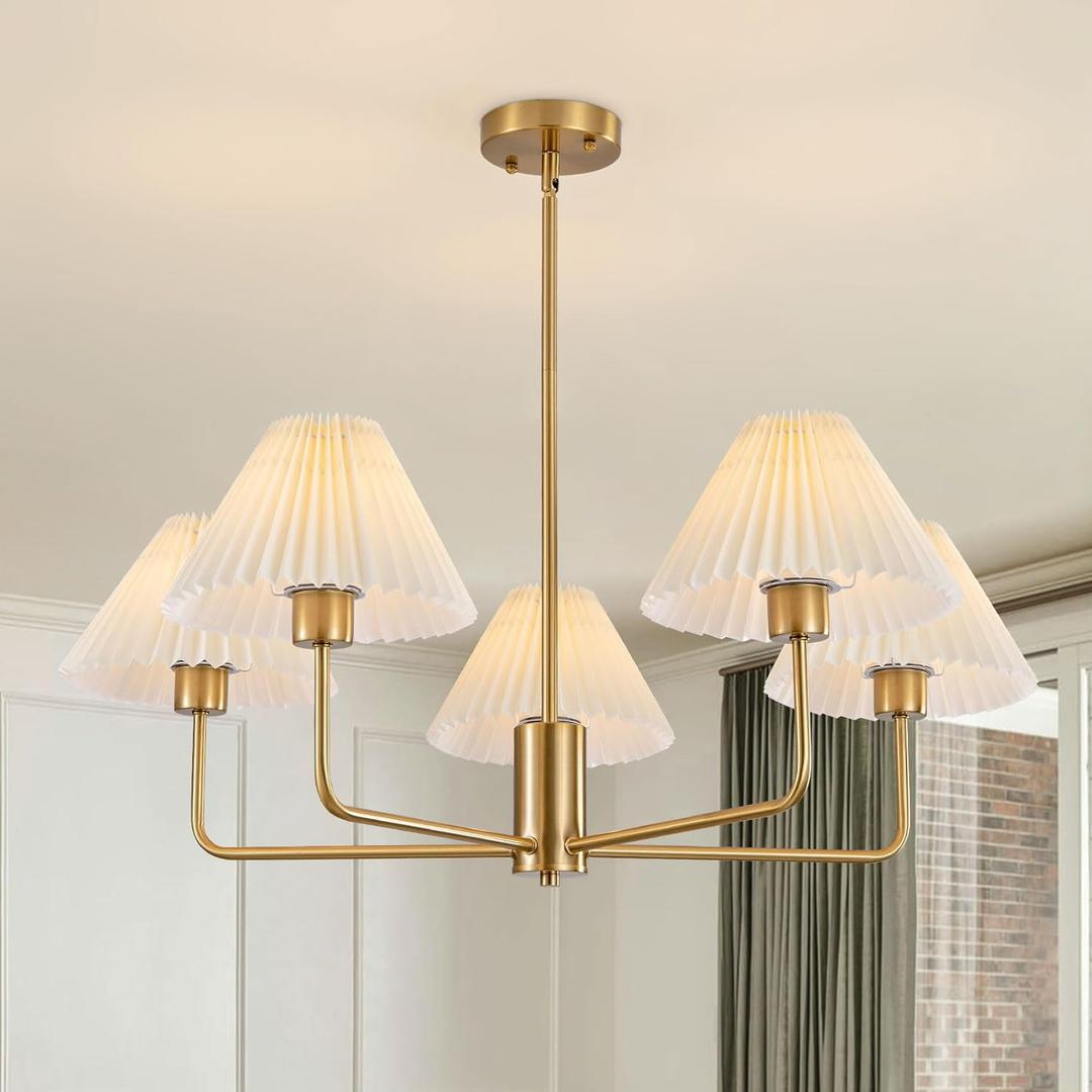 Brushed Gold Chandelier 5-Light Mid Century Chandelier 33.46" Modern Chandeliers with White Pleated Fabric Shade for Dining Room Living Room Kitchen Island Entryway