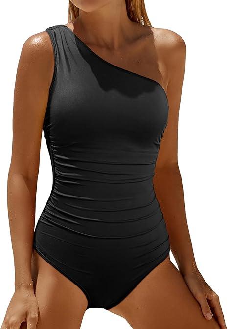 Daci One Shoulder One Piece Swimsuits for Women Tummy Control Bathing Suits Modest Full Coverage Slimming Swimwear XXL