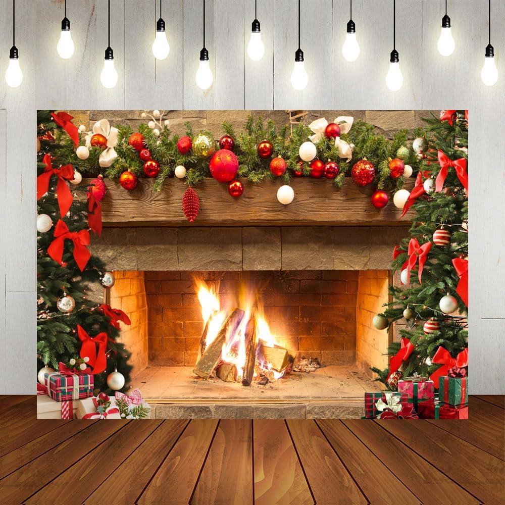 Lofaris Christmas Fireplace Backdrop Winter Xmas Tree Colorful Festive Decorations Brick Backgrounds Interior Vintage Merry Christmas Eve Party Banner Decorations 7x5ft