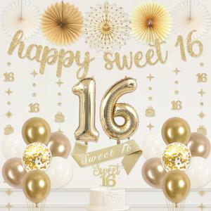 Vlipoeasn Champagne Gold Sweet 16 Birthday Party Decorations for Girls | Glitter Happy Sweet 16 Banner, Number 16 Garland Streamer Bunting, Sash, Foil Balloons & Cake Topper for 16th Birthday