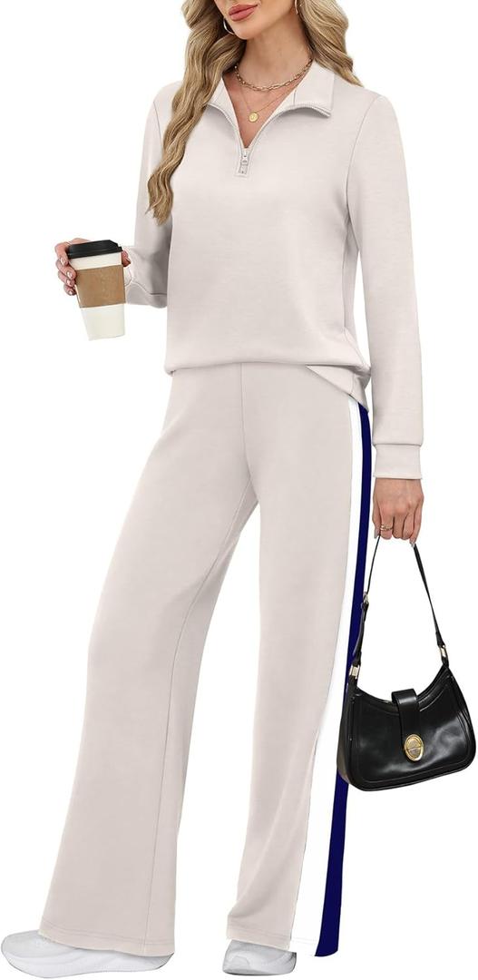 WIHOLL Women 2 Piece Outfits Airport Travel Vacation Sweatsuits Wide Leg Pants Lounge Set 2025 Fashion Clothes (Small, Grey Khaki)