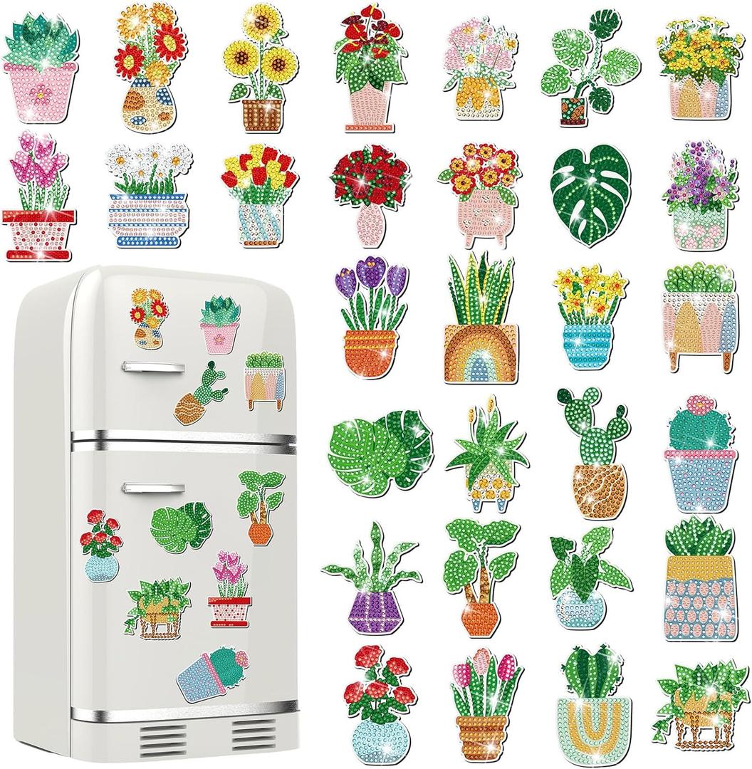 Remuuly 30 Pcs Diamond Painting Magnets Summer Diamond Art Magnet Kits for Adults Spring Flower Animal Cupcake 5D Rhinestones Refrigerator Magnetic Stickers for Fridge DIY Crafts (Spring) (Potted Plant)