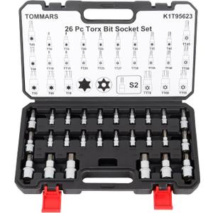 TOMMARS 26-PC Torx Socket Set, Torx Star Tamper Proof Security Bit Socket Set 1/4", 3/8", 1/2" Drive T Sockets T10-T70 & TT10-TT70, S2 Alloy Steel