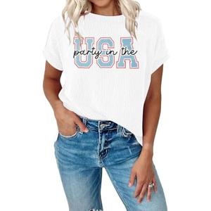 4th of July Shirts USA Shirt: Women American Flag Tshirt Party in The USA Patriotic Tee Independence Day Knitted Casual Tops size L