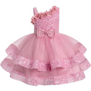 IMEKIS Toddler Kids Girls Pageant Sequin Flower Dress, Shiny Asymmetric Shoulder Formal Party Tiered Tulle Gowns (Pink, 4-5Y)