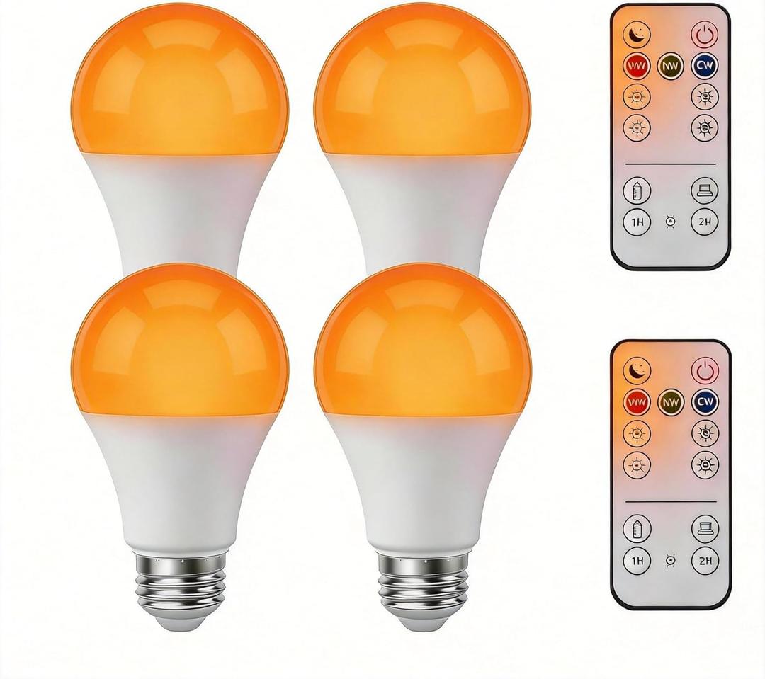 Amber Sleep Light Bulbs with Remote Control 800LM 9W (60W Equivalent),Blue Light Blocking,Dimmable,1800K-6500K,E26,Warm and Reading Light Bulb for Home Decor,4Bulb&2Remote Control