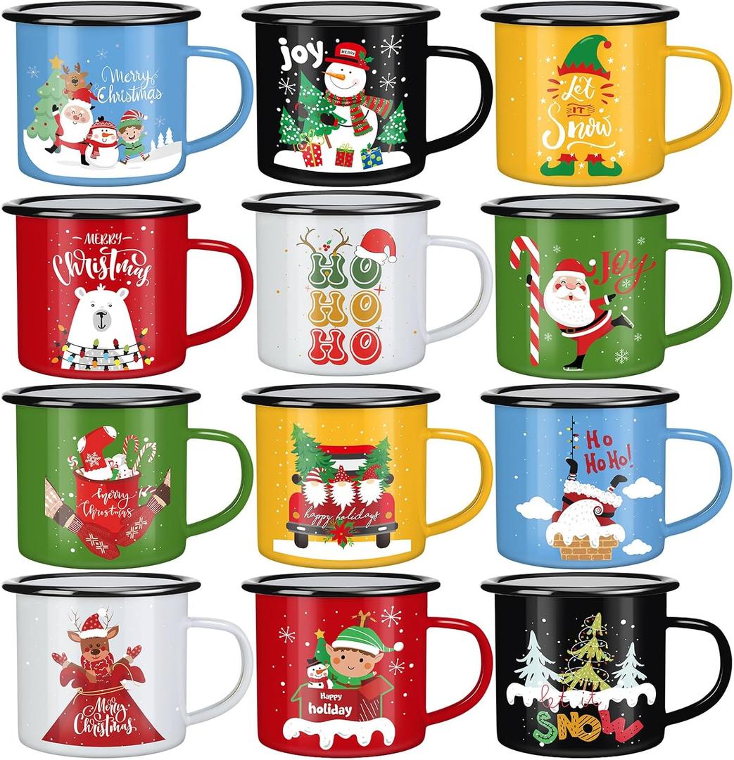 CHENGU Set of 12 Christmas Enamel Mug Bulk 12 oz Hot Chocolate Mugs Holiday Hot Cocoa Ceramic Mugs Merry Christmas Xmas Funny Coffee Cups Stocking Stuffer Gifts for Women Family Friends Coworkers