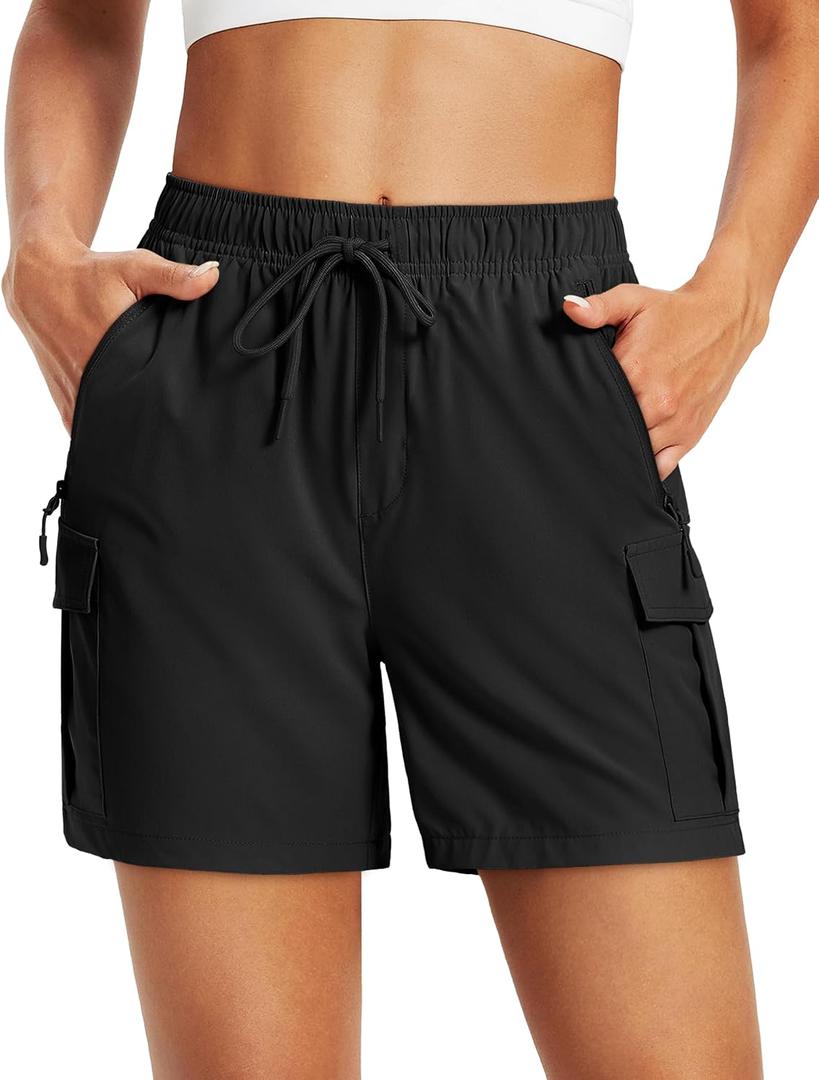 MAGCOMSEN Women's 5'' Hiking Cargo Shorts UPF 50 Quick Dry Lightweight Athletic Golf Outdoor Summer with Zipper Pockets (Black), L