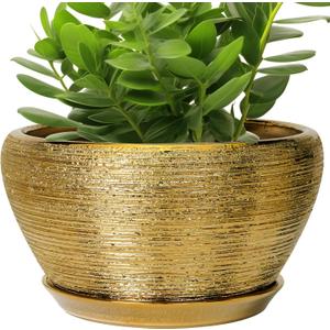 Ceramic Planter 11 Inch - Indoor Plant Pot with Drainage Hole and Saucer Large Planter for Outdoor Plants Mid-Century Decorative Flower Pot for Home Decor Gold
