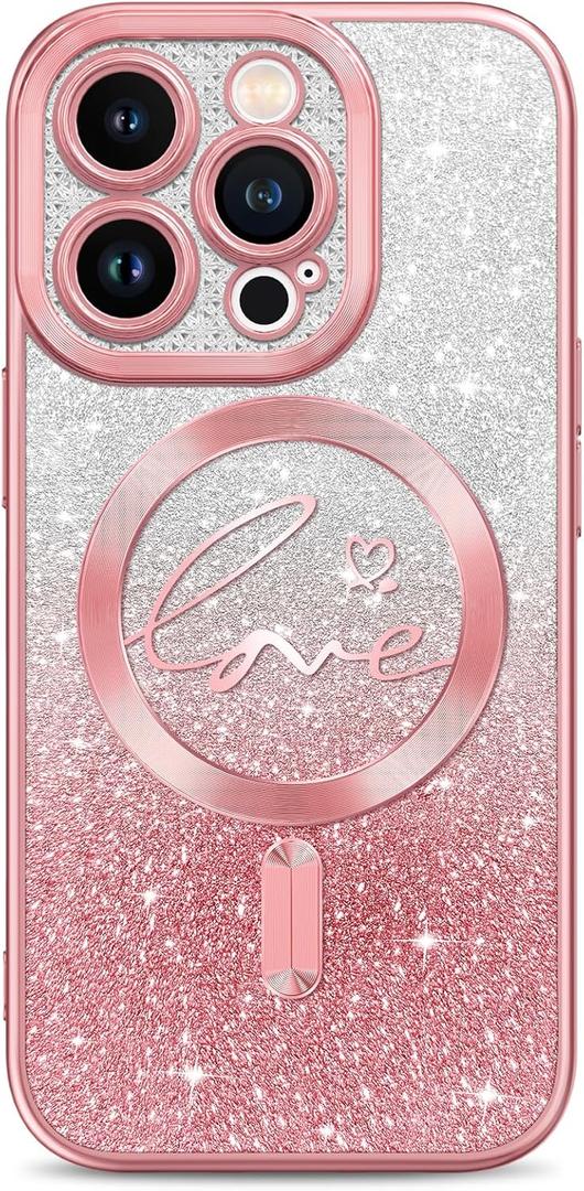 Hython for iPhone 13 Pro Case Glitter, Clear Magnetic Phone Cases with Luxury Love Heart Pattern [Compatible with MagSafe] Bling Sparkle Plating Soft TPU Slim Shockproof Protective Cover Women, Pink