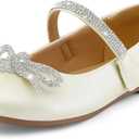 K KomForme Girl's Bow Mary Jane Dress Shoes Ballet Princess Flats with Rhinestone Strap for Party Wedding School, Toddler/Little Kid/Big Kid (Ivory), 2 Big Kid 