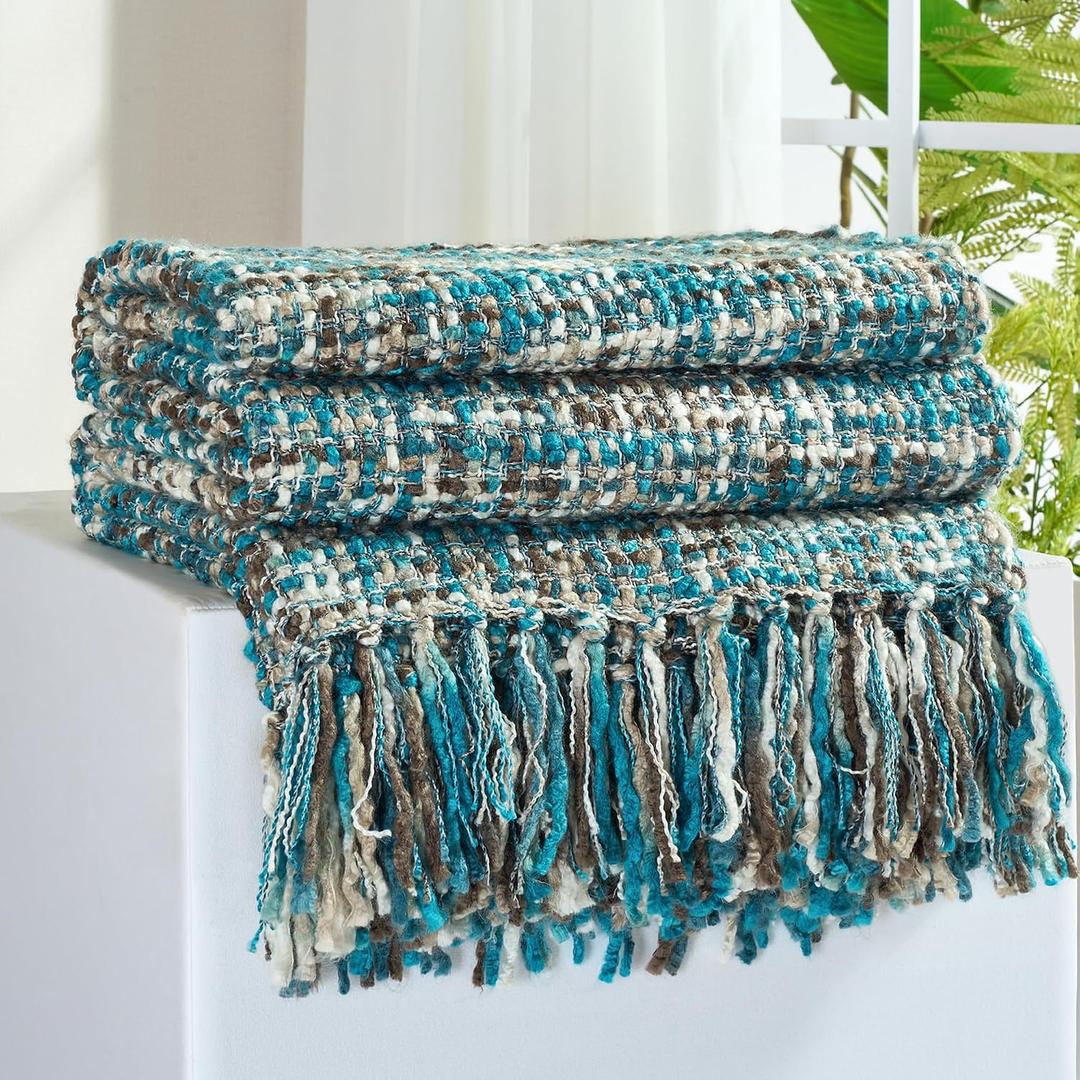Multi-Color Teal Cable Woven Throw Blanket for Couch,50"X60" Boho Style Textured Blankets for Home Decor,Super Soft Warm Cozy Chunky Blanket with Decorative Tassels for Bed and Sofa
