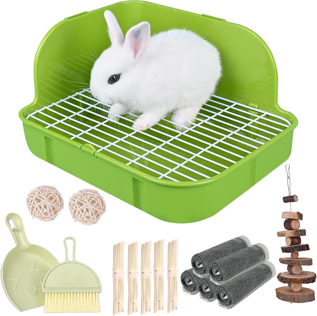 RUBYHOME Rabbit Litter Box Toilet, Plastic Square Cage Box Potty Trainer Corner Litter Bedding Box Pet Pan for Small Animals, Rabbits, Guinea Pigs, Chinchilla, Ferret, Galesaur, 11.4 Inches (Green)