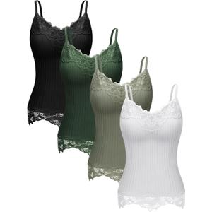 Fourluoo Women's Long Lace Tank Tops lace Camisole Patchwork Tops for Women (X-Large, Dark Green, Black, Olive Green, White)