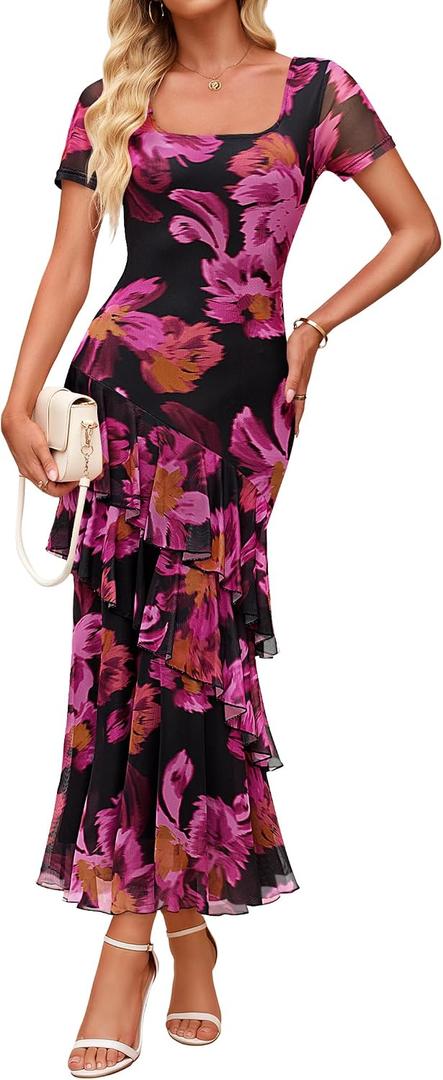ZESICA Women's Summer Floral Bodycon Maxi Dress 2026 Square Neck Mesh Ruffle Elegant Cocktail Wedding Party Long Dresses, Purple, M
