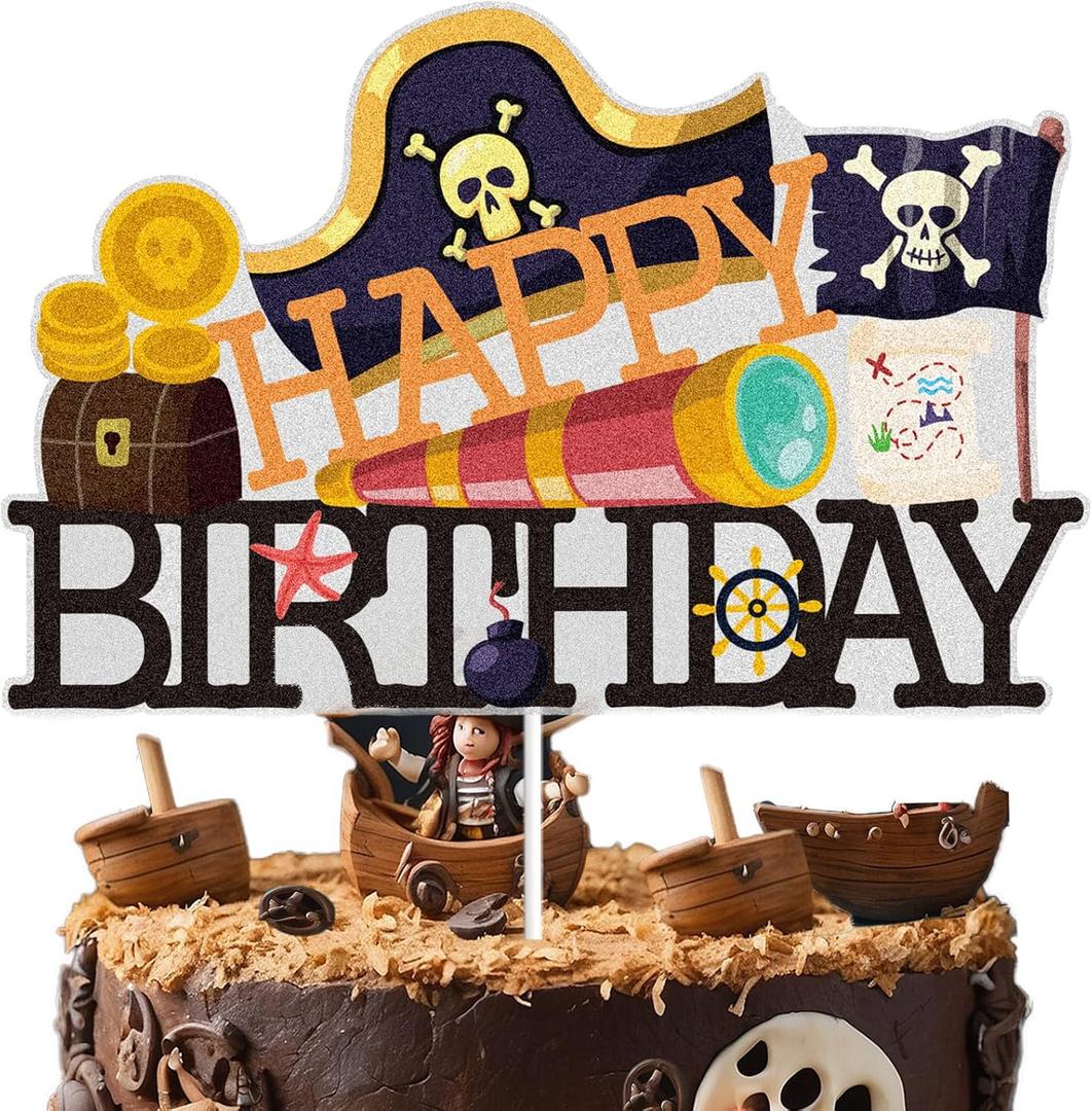 Pirate Happy Birthday Cake Topper Black Glitter Cake Decorations Pirate Ship Nautical Sailing Treasure Adventure Kids Boys Men Pirate Themed Party Supplies