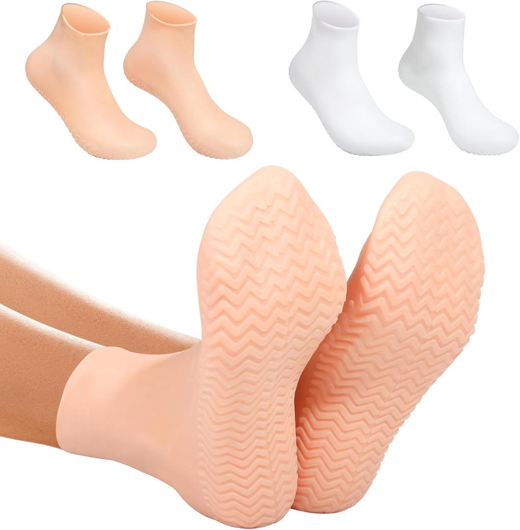 Silicone Moisturizing Socks for Dry Cracked Feet - 2 Pairs, XL Long Size, Non-Slip Heel Socks for Women and Men - High Stretch Foot Care Pedicure - White & Beige