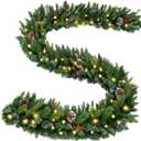 ANOTHERME 9Ft Pre-Lit Christmas Garland Artificial Xmas Indoor Outdoor Decoration, Garland with Battery Operated Timer for Home Stairs Fireplaces Walls, PE Mixed Branches with Pine Cones Red Berries