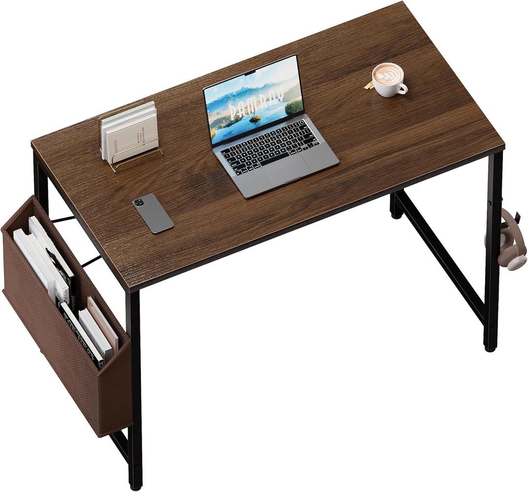 Pamray 32 Inch Computer Desk for Small Spaces with Storage Bag, Home Office Work Desk with Headphone Hook, Small Office Desk Study Writing Table (Brown)