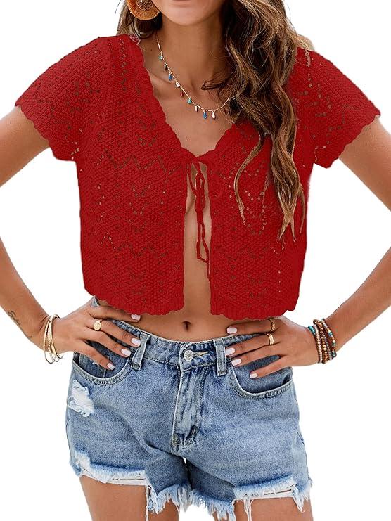 Women's Summer Short Sleeve Crochet Shrug Tie Front Open Knit Cropped Cardigan Lightweight Bolero Sweater Cover Up (True Red, X-Large)