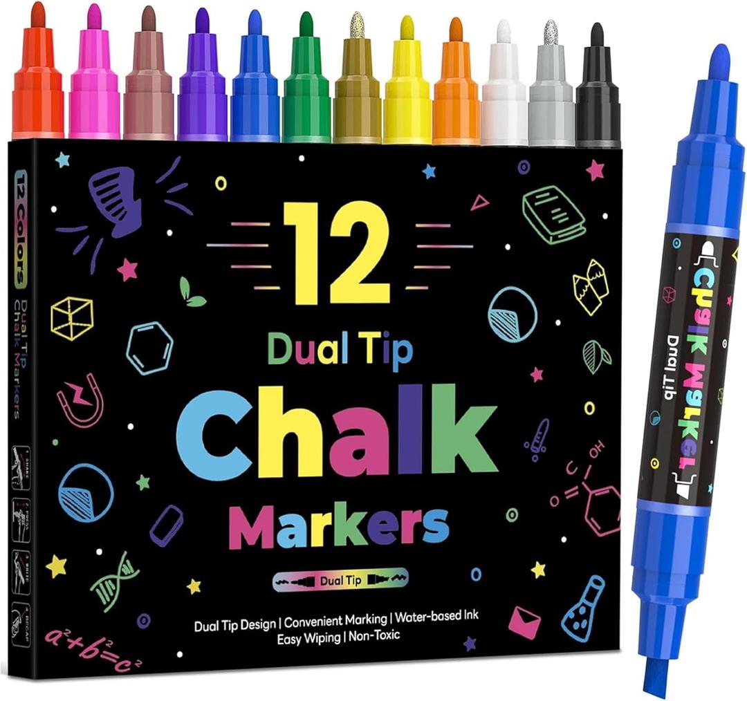 12 Dual Tip Liquid Chalk Markers - Erasable Marker Pens for Blackboard, Chalkboard Signs, Glass, Chalk Pens Wet Erase Makers for Bar Menu, School,Wedding Sign, Just Married Car Windows Decorations